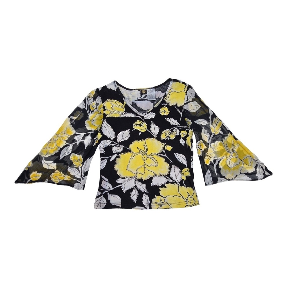 Bila Whimsical Floral Sequin Embellished Shirt Sheer Bell Sleeves SM Graphic Top